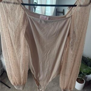 Pink Lily Blush Beige Ribbed Bodysuit with Sheer Puff Sleeves